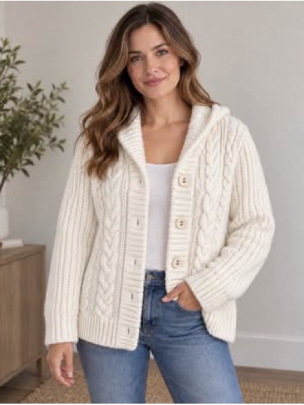G.H. Bass & Co. Cream Cable Knit Buttoned Hooded Cardigan